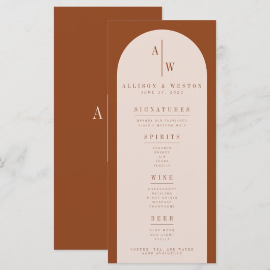Boho Minimalist Burnt Oranje Wedding Bar Menu (Voorkant / Achterkant)