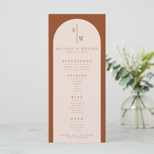 Boho Minimalist Burnt Oranje Wedding Bar Menu (Staand voorkant)