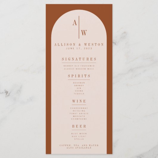 Boho Minimalist Burnt Oranje Wedding Bar Menu (Voorkant)