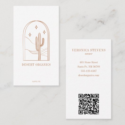 Boho minimalist Cactus Line Art Logo Terracotta QR Visitekaartje (Voorkant / Achterkant)