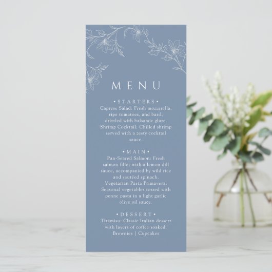 Boho Minimalist Dusty Blue Wedding Dinner Menu (Staand voorkant)
