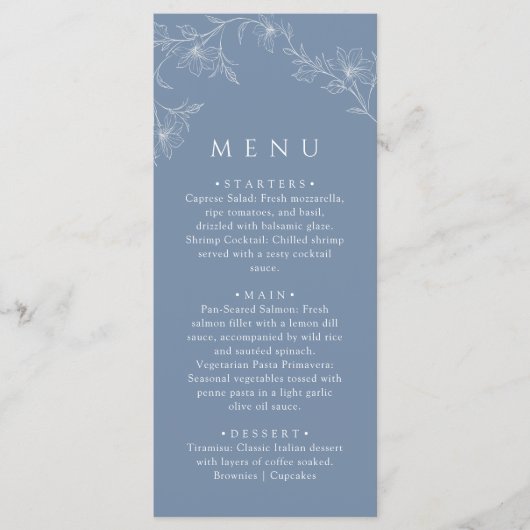 Boho Minimalist Dusty Blue Wedding Dinner Menu (Voorkant)