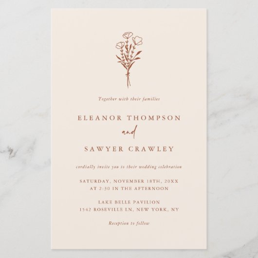 Boho minimalist Floral Terracotta Wedding Invite (Voorkant)