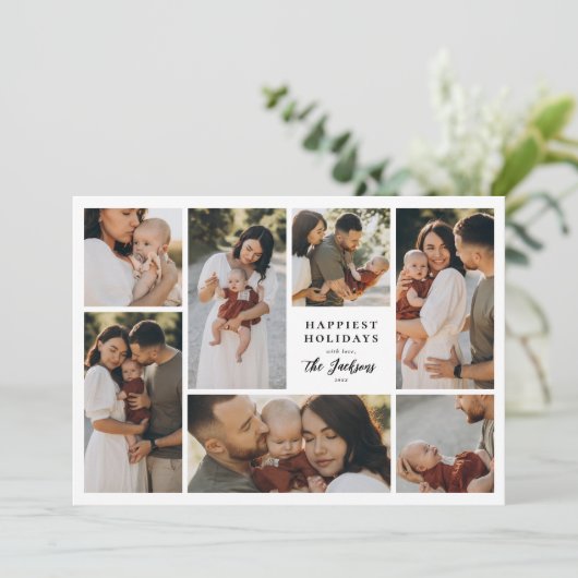 Boho minimalist Kerstmis 7 Foto Collage Holiday Feestdagenkaart (Staand voorkant)