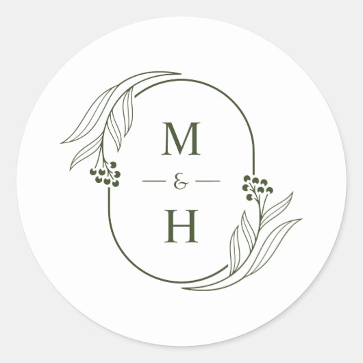 Boho Minimalist Monogram  Olive Green Wedding  Ronde Sticker (Voorkant)