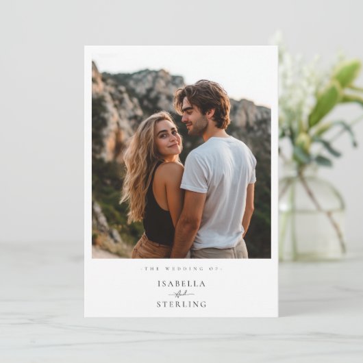 Boho Minimalist Mountain Sunset Fotobruiloft Kaart (Staand voorkant)
