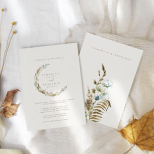 Boho Minimalist Muted Blue & Dried Grass Wedding Kaart