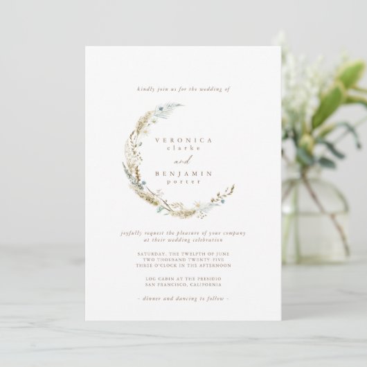 Boho Minimalist Muted Blue & Dried Grass Wedding Kaart (Staand voorkant)