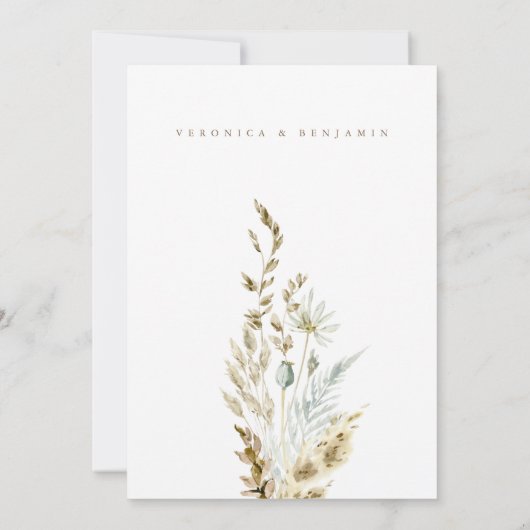 Boho Minimalist Muted Blue & Dried Grass Wedding Kaart (Achterkant)