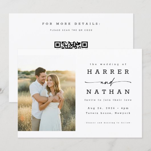 Boho Minimalist QR Code Photo Wedding Kaart (Voorkant / Achterkant)