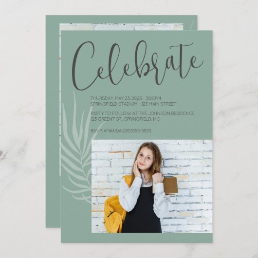 Boho Minimalist Sage Green Afstuderen Kaart (Voorkant / Achterkant)