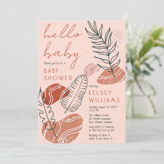Boho Minimalist Terracotta Blush Hallo Baby shower Kaart (Staand voorkant)