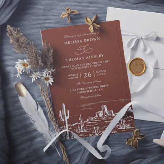 Boho Minimalist Terracotta Western QR Code Wedding Kaart