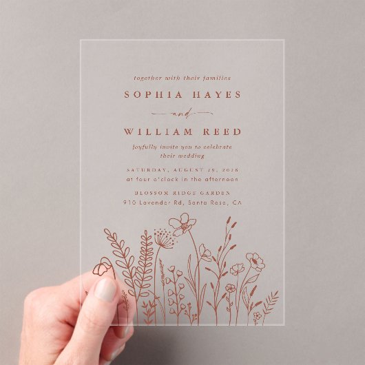 Boho Minimalist Terracotta Wildflower Wedding Acryl Uitnodigingen (Insitu (Draagbaar))