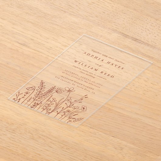 Boho Minimalist Terracotta Wildflower Wedding Acryl Uitnodigingen (Laagn)