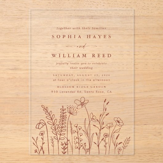 Boho Minimalist Terracotta Wildflower Wedding Acryl Uitnodigingen (Voorkant)