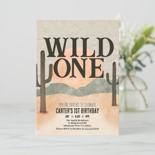 Boho Minimalist Wild One First Birthday Zon Cactus Aankondiging (Staand voorkant)