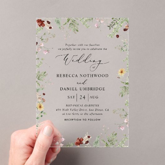 Boho Minimalist Wildflower Wedding Acryl Uitnodigingen (Insitu (Draagbaar))