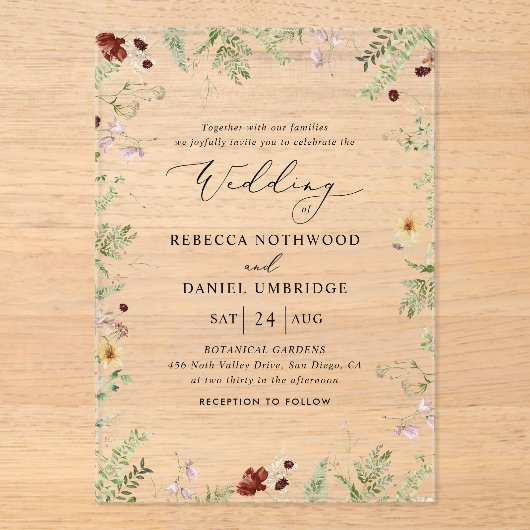 Boho Minimalist Wildflower Wedding Acryl Uitnodigingen (Voorkant)