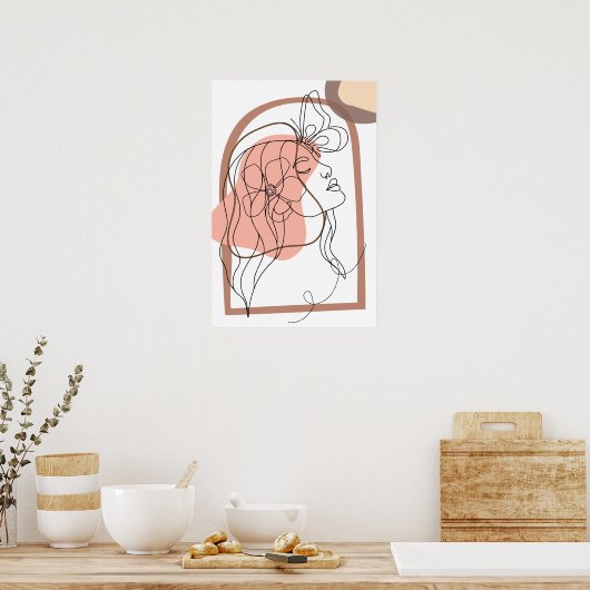 Boho Minimalistic Line art, Vrouw met bloem Poster (Keuken)