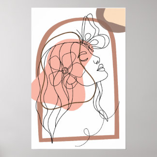 Boho Minimalistic Line art, Vrouw met bloem Poster