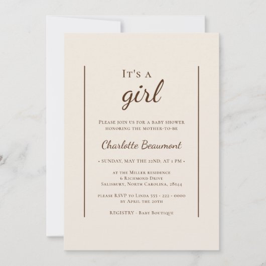 Boho minimalistisch beige Het is een meisjesdouche Kaart (Voorkant)