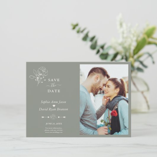 Boho minimalistisch eenvoudige wijze groene foto b save the date (Staand voorkant)