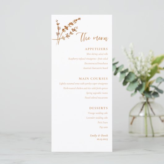 Boho Minimalistisch Sinaasappel Bloemen Bruiloft M Menu (Staand voorkant)