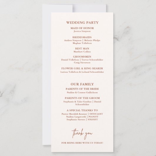 Boho minimalistisch terracotta huwelijksprogramma (Achterkant)