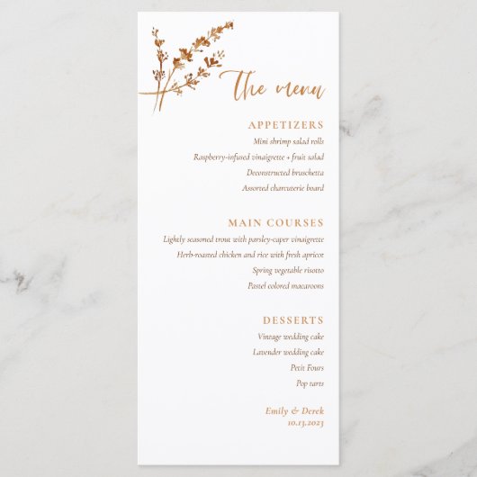 Boho minimalistisch verbrand Sinaasappel bloemenbr Menu (Voorkant)