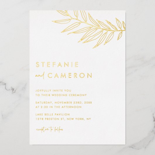 Boho Minimalistische Blad Bruiloft Folie Uitnodiging (Voorkant)