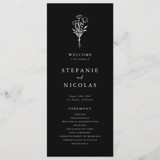 Boho minimalistische botanicals zwart bruiloft programmakaart (Voorkant)