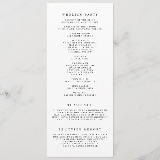 Boho minimalistische botanicals zwart-wit bruiloft programmakaart (Achterkant)