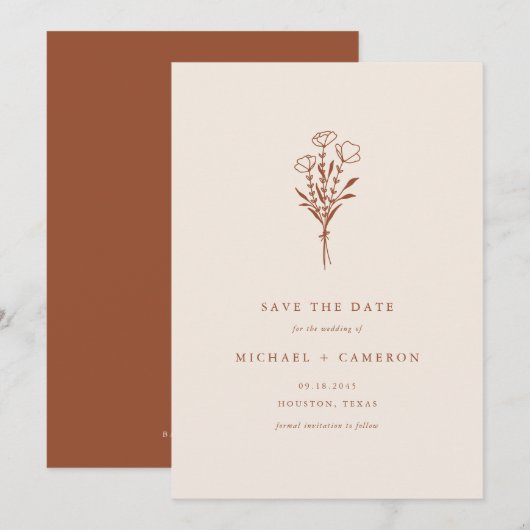 Boho Minimalistische Botanische Boeket Terracotta Save The Date (Voorkant / Achterkant)