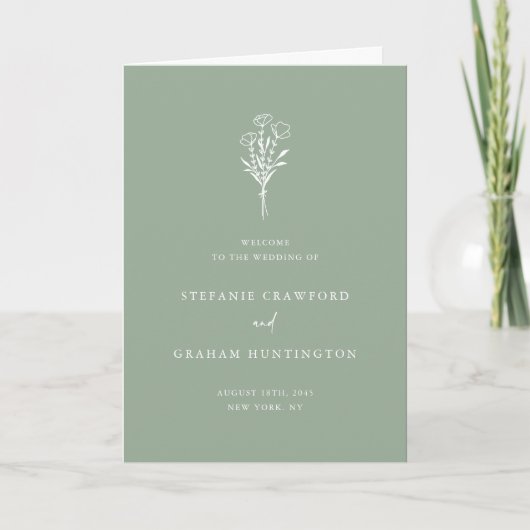 Boho Minimalistische Botanische Saliegroene Trouwd Programma (Voorkant)