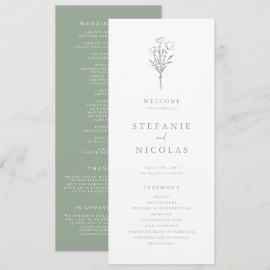 Boho Minimalistische Botanische Saliegroene Trouwd Programmakaart (Voorkant / Achterkant)