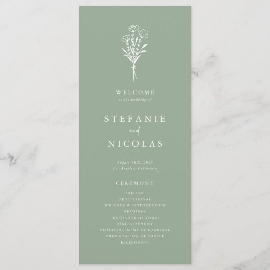 Boho Minimalistische Botanische Saliegroene Trouwd Programmakaart (Voorkant)