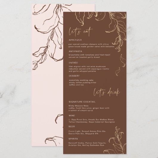 Boho Minimalistische Botanische Terracotta Huwelij Menu (Voorkant / Achterkant)