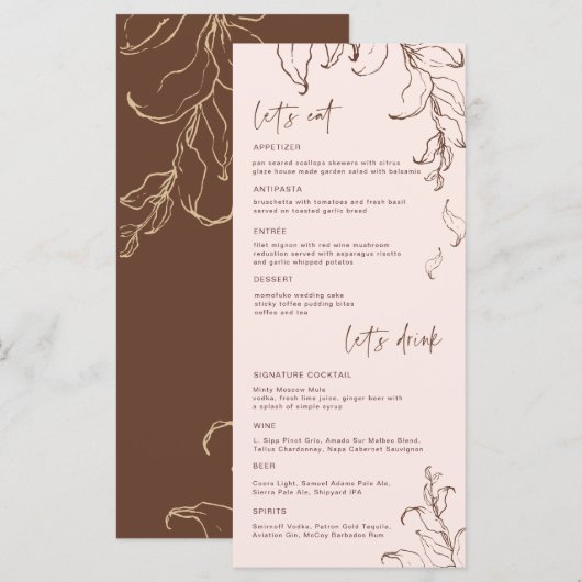 Boho Minimalistische Botanische Terracotta Huwelij Menu (Voorkant / Achterkant)