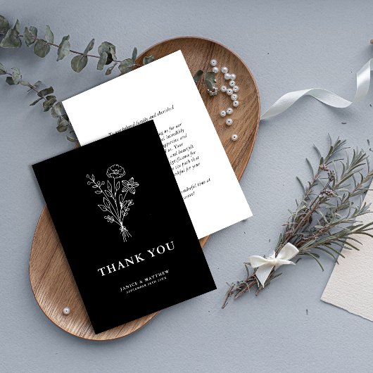 Boho Minimalistische Botanische Zwarte Bruiloft Bedankkaart
