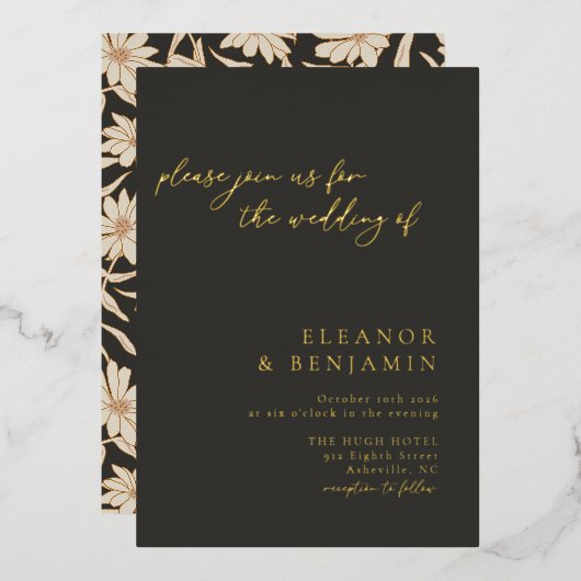 Boho Minimalistische Botanische Zwarte Ivoren Trou Folie Uitnodiging (Voorkant / Achterkant)