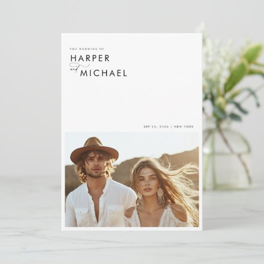 Boho minimalistische foto bruiloft kaart (Staand voorkant)