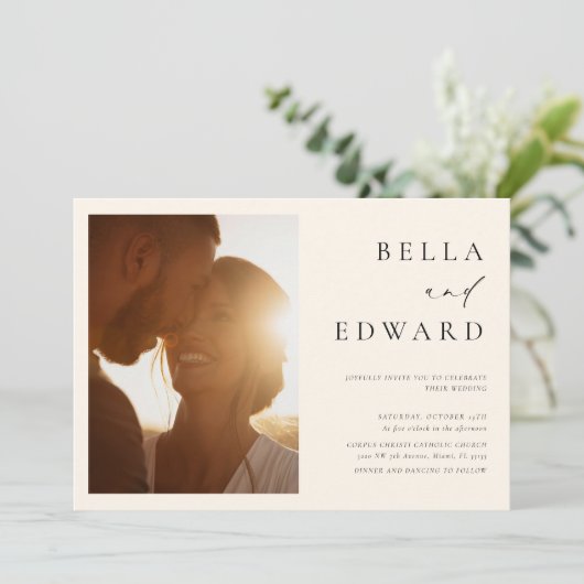 Boho minimalistische foto bruiloft uitnodiging (Staand voorkant)