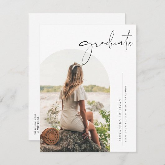 Boho Minimalistische Kalligrafie Boog Foto Afstude Aankondigingskaart (Voorkant / Achterkant)
