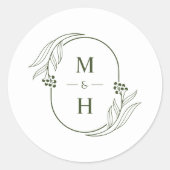 Boho Minimalistische Monogram Olijfgroene Trouw Ronde Sticker (Voorkant)