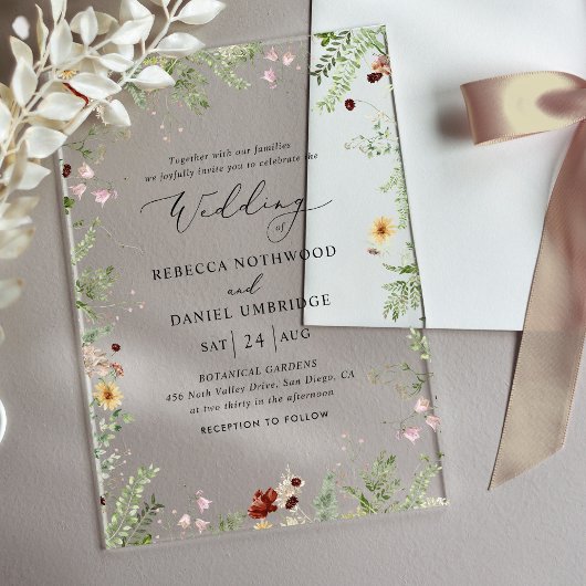 Boho Minimalistische Wilde Bloemen Bruiloft Acryl Uitnodigingen