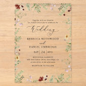 Boho Minimalistische Wilde Bloemen Bruiloft Acryl Uitnodigingen (Voorkant)
