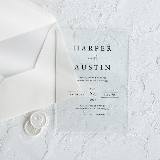 Boho minimalistische zwart-wit bruiloft acryl uitnodigingen