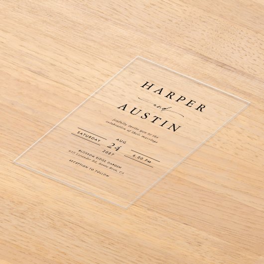 Boho minimalistische zwart-wit bruiloft acryl uitnodigingen (Laagn)