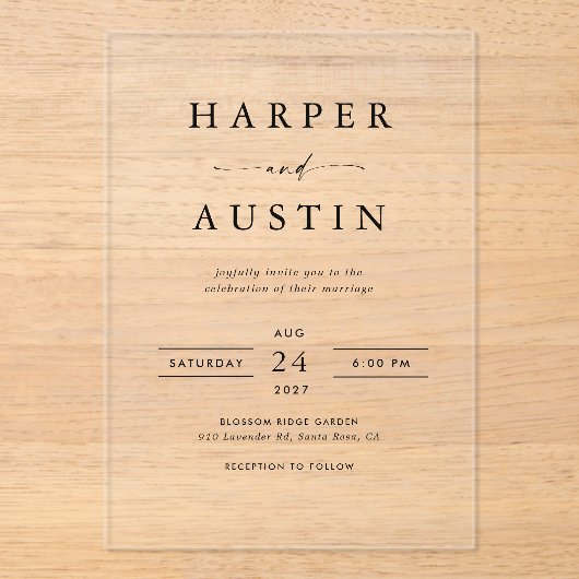 Boho minimalistische zwart-wit bruiloft acryl uitnodigingen (Voorkant)